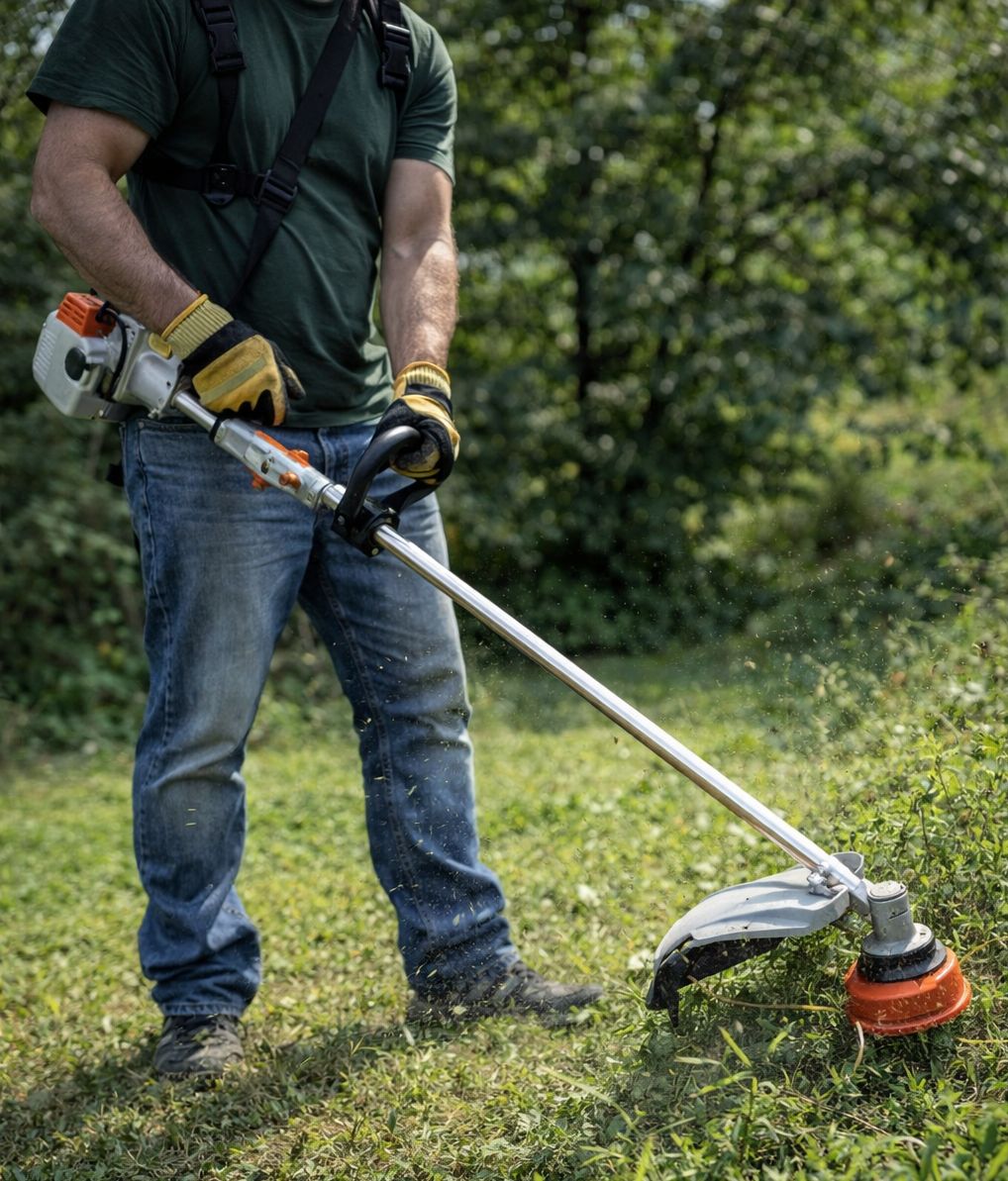 Nakayama PB4320: 1.8Hp peak performance in demanding conditions Professional Nakayama PB4320 1.8Hp brush cutter in action, clearing dense vegetation using a D-loop handle.